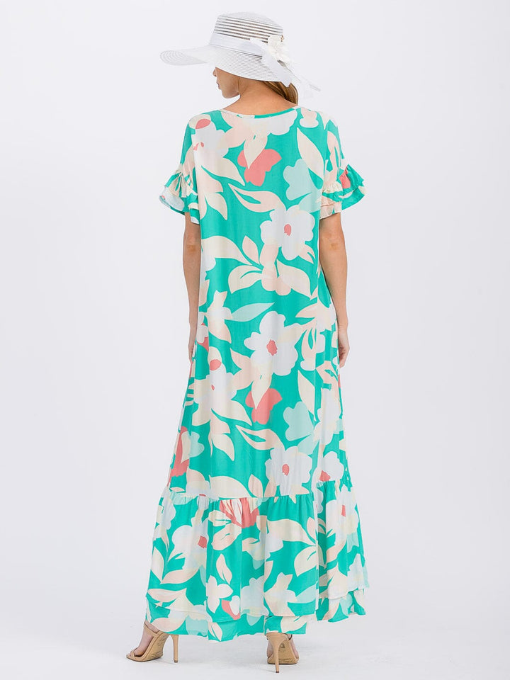 WOMEN'S SHORT SLEEVE V-NECK LOOSE FIT FLORAL MAXI DRESS