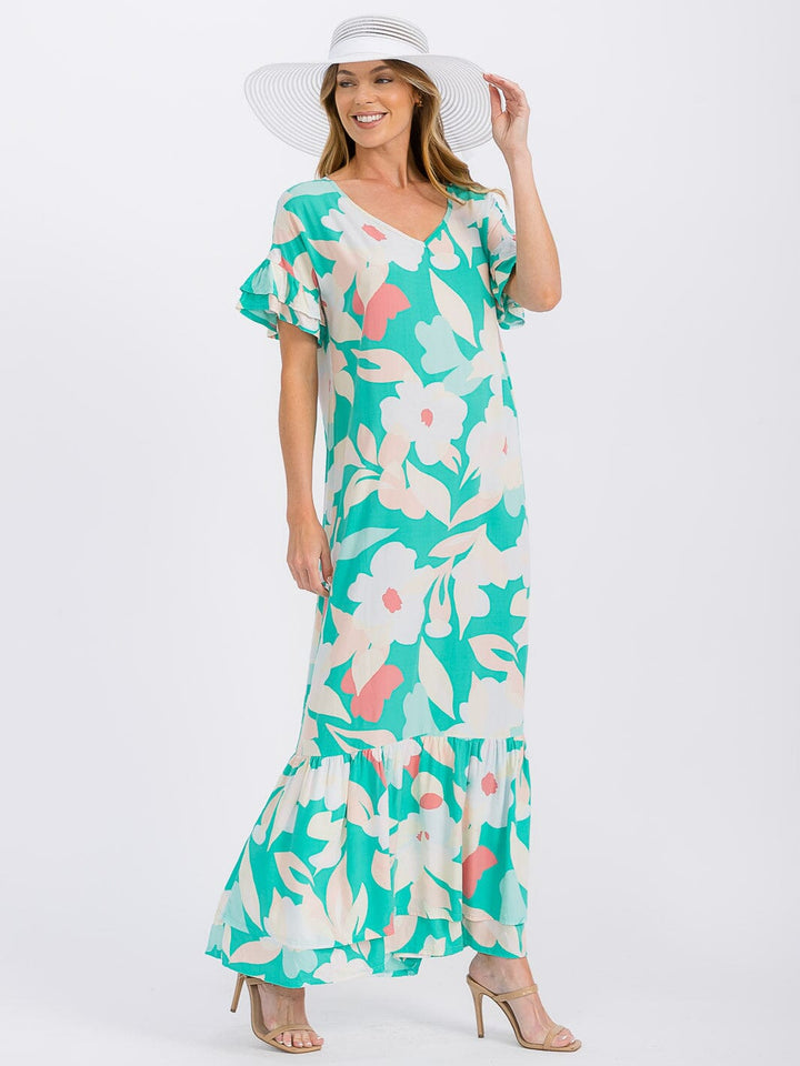 WOMEN'S SHORT SLEEVE V-NECK LOOSE FIT FLORAL MAXI DRESS