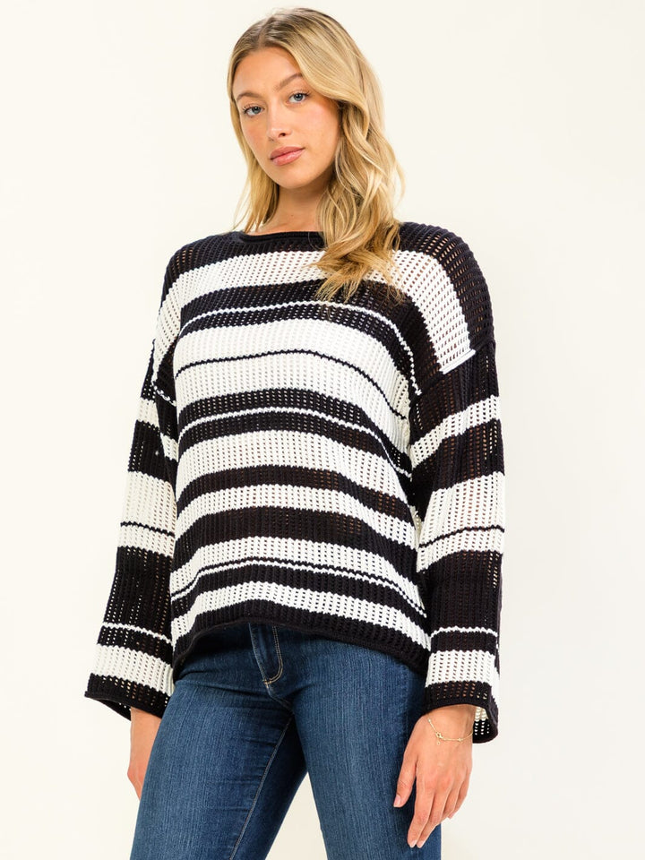 WOMEN'S LONG SLEEVE COLORBLOCK STRIPES PULLOVER KNITTED SWEATER