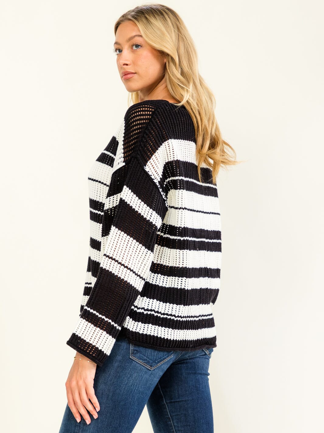 WOMEN'S LONG SLEEVE COLORBLOCK STRIPES PULLOVER KNITTED SWEATER