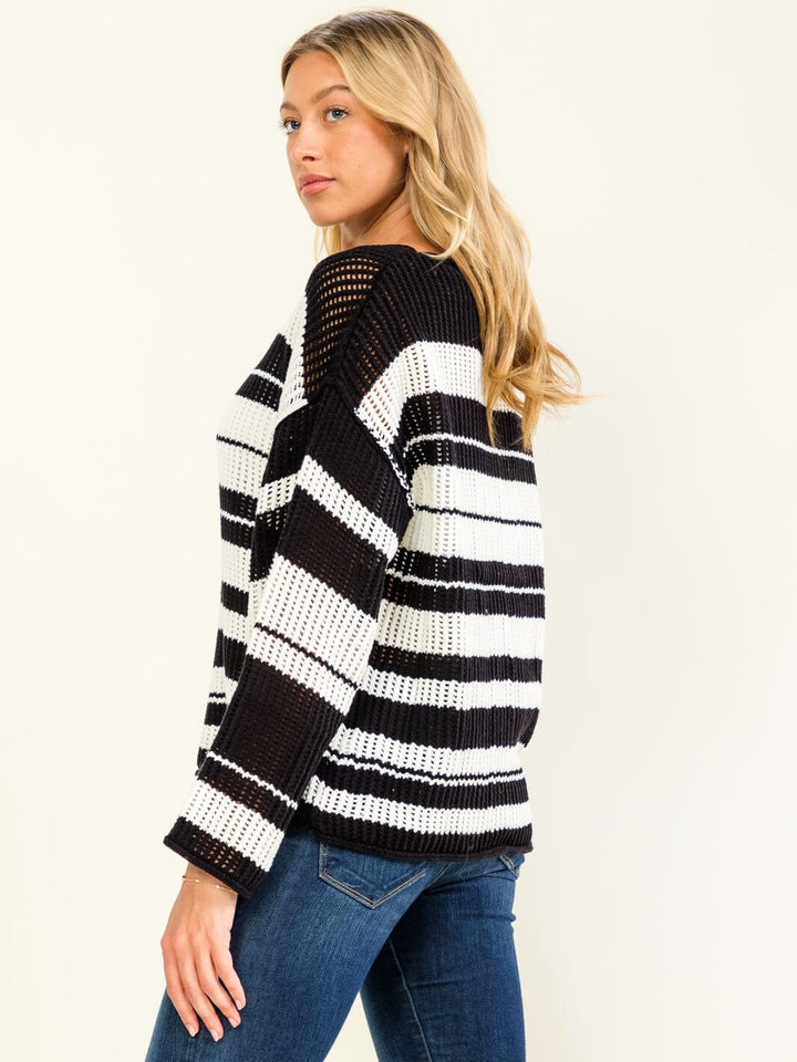 WOMEN'S LONG SLEEVE COLORBLOCK STRIPES PULLOVER KNITTED SWEATER