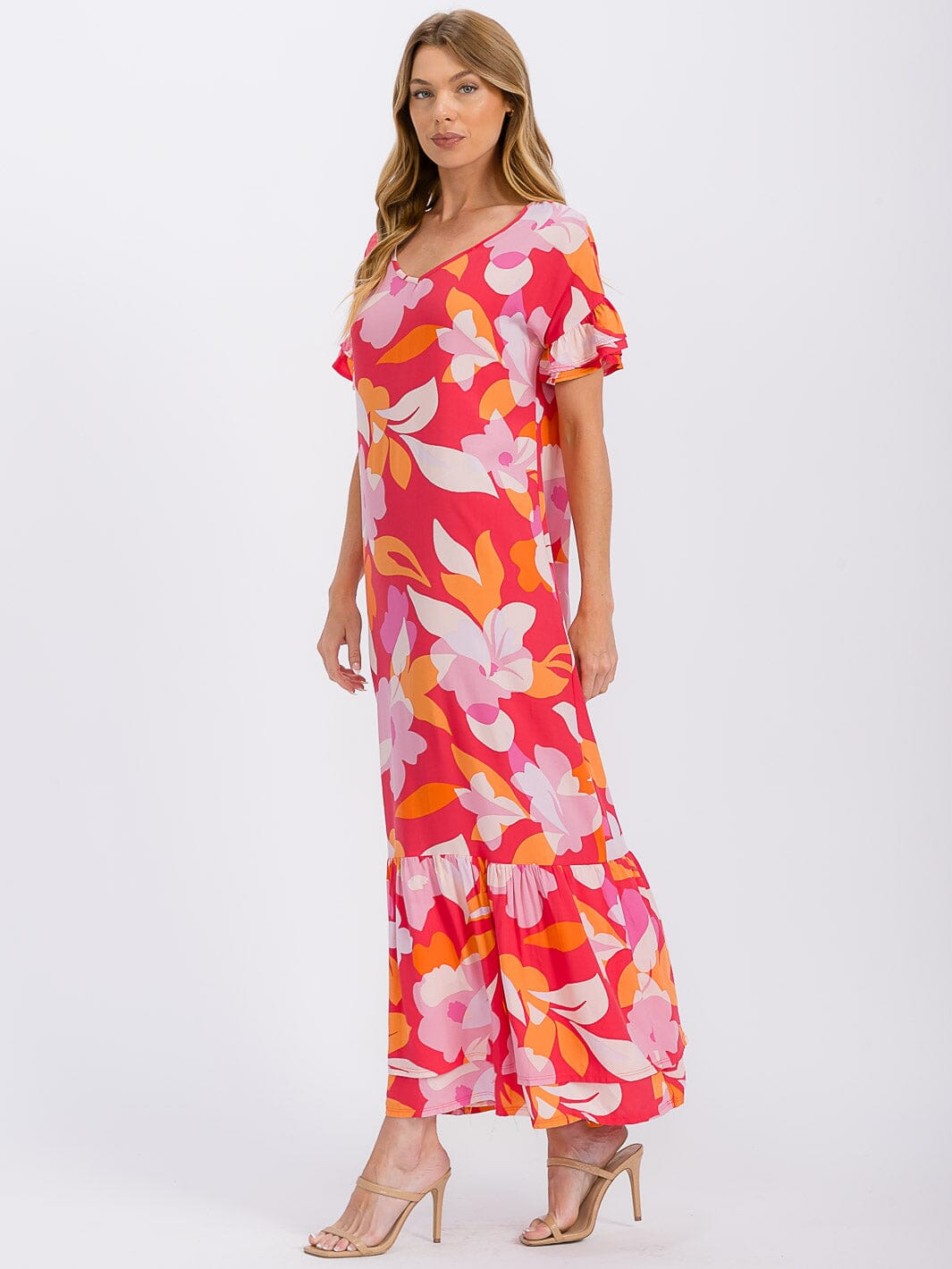 WOMEN'S SHORT SLEEVE V-NECK LOOSE FIT FLORAL MAXI DRESS