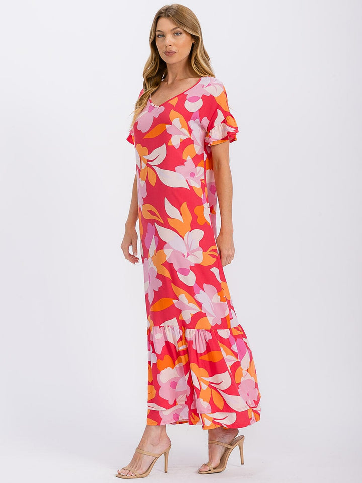 WOMEN'S SHORT SLEEVE V-NECK LOOSE FIT FLORAL MAXI DRESS