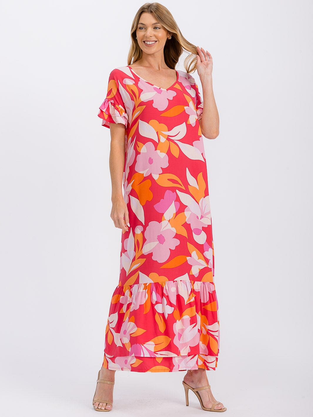 WOMEN'S SHORT SLEEVE V-NECK LOOSE FIT FLORAL MAXI DRESS