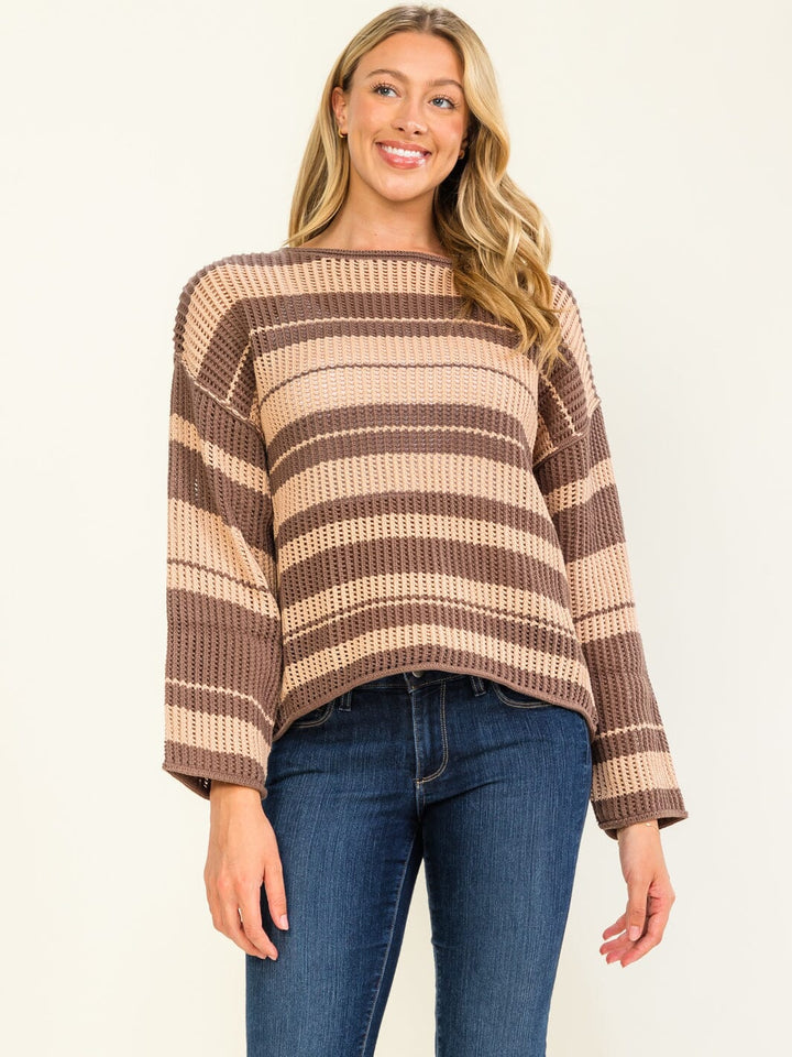 WOMEN'S LONG SLEEVE COLORBLOCK STRIPES PULLOVER KNITTED SWEATER