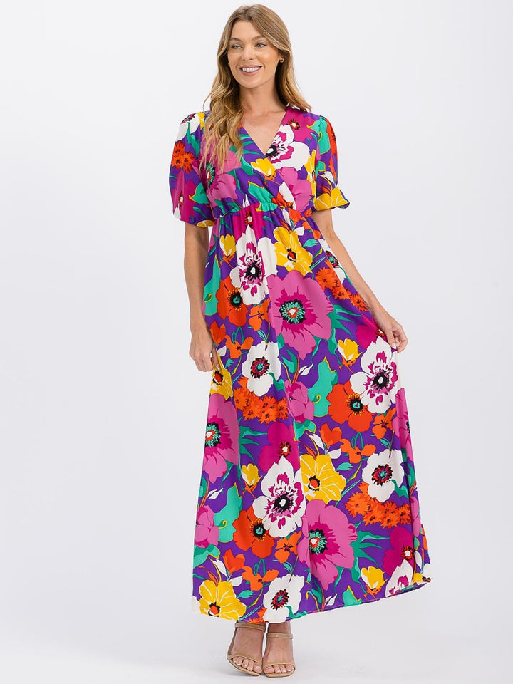 WOMEN'S SHORT SLEEVE SURPLICE ELASTIC WAIST FLORAL MAXI DRESS