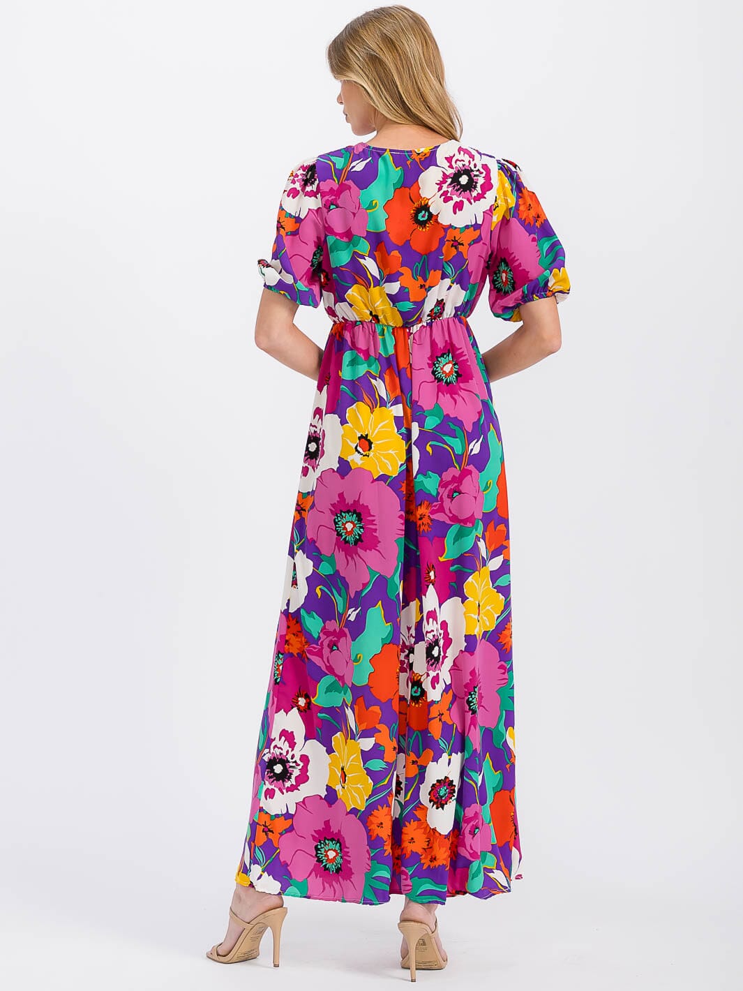 WOMEN'S SHORT SLEEVE SURPLICE ELASTIC WAIST FLORAL MAXI DRESS