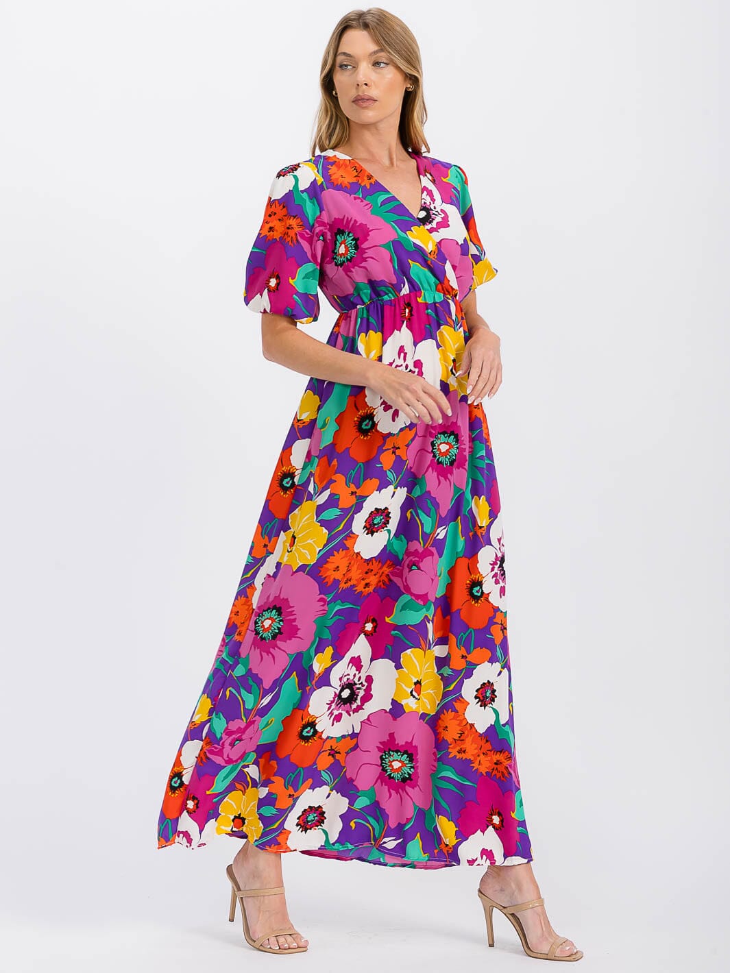 WOMEN'S SHORT SLEEVE SURPLICE ELASTIC WAIST FLORAL MAXI DRESS