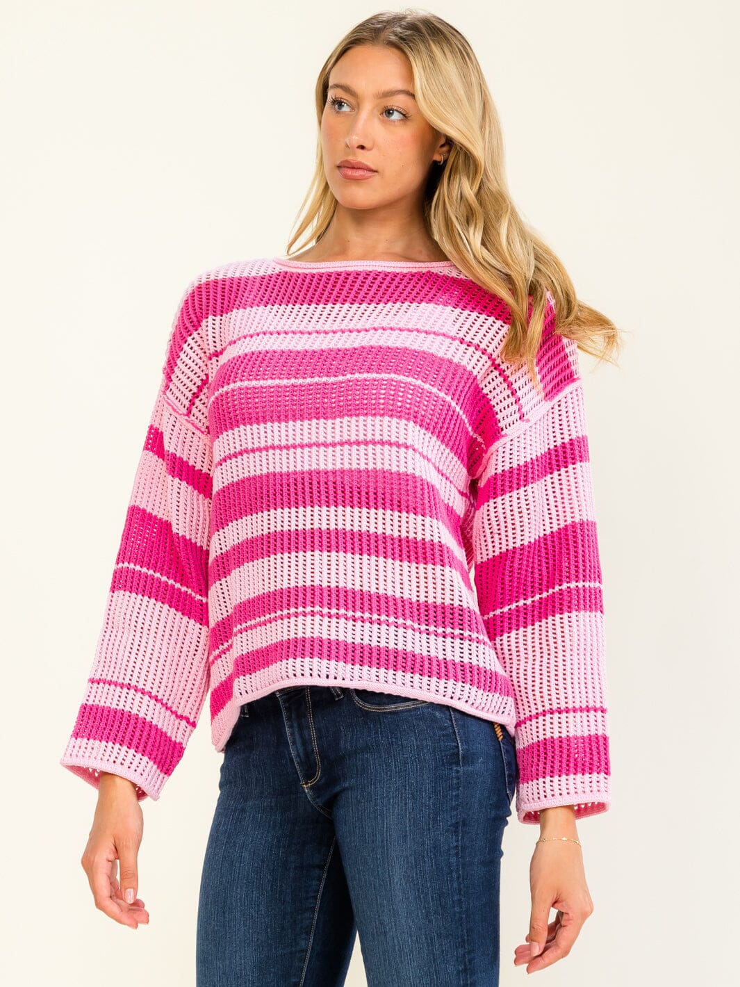 WOMEN'S LONG SLEEVE COLORBLOCK STRIPES PULLOVER KNITTED SWEATER