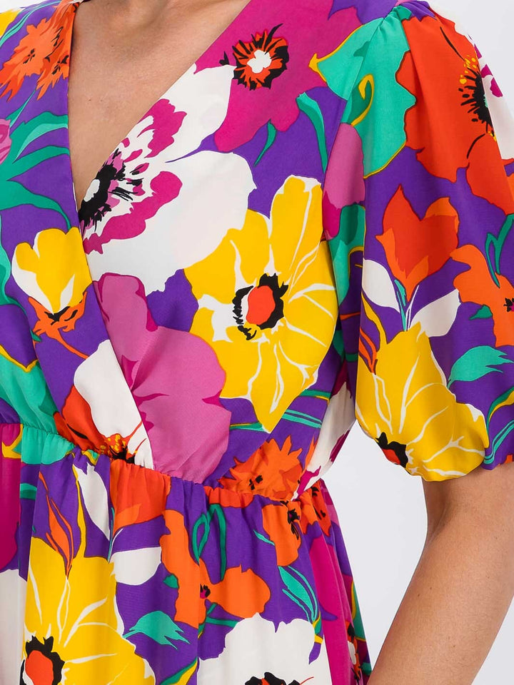 WOMEN'S SHORT SLEEVE SURPLICE ELASTIC WAIST FLORAL MAXI DRESS