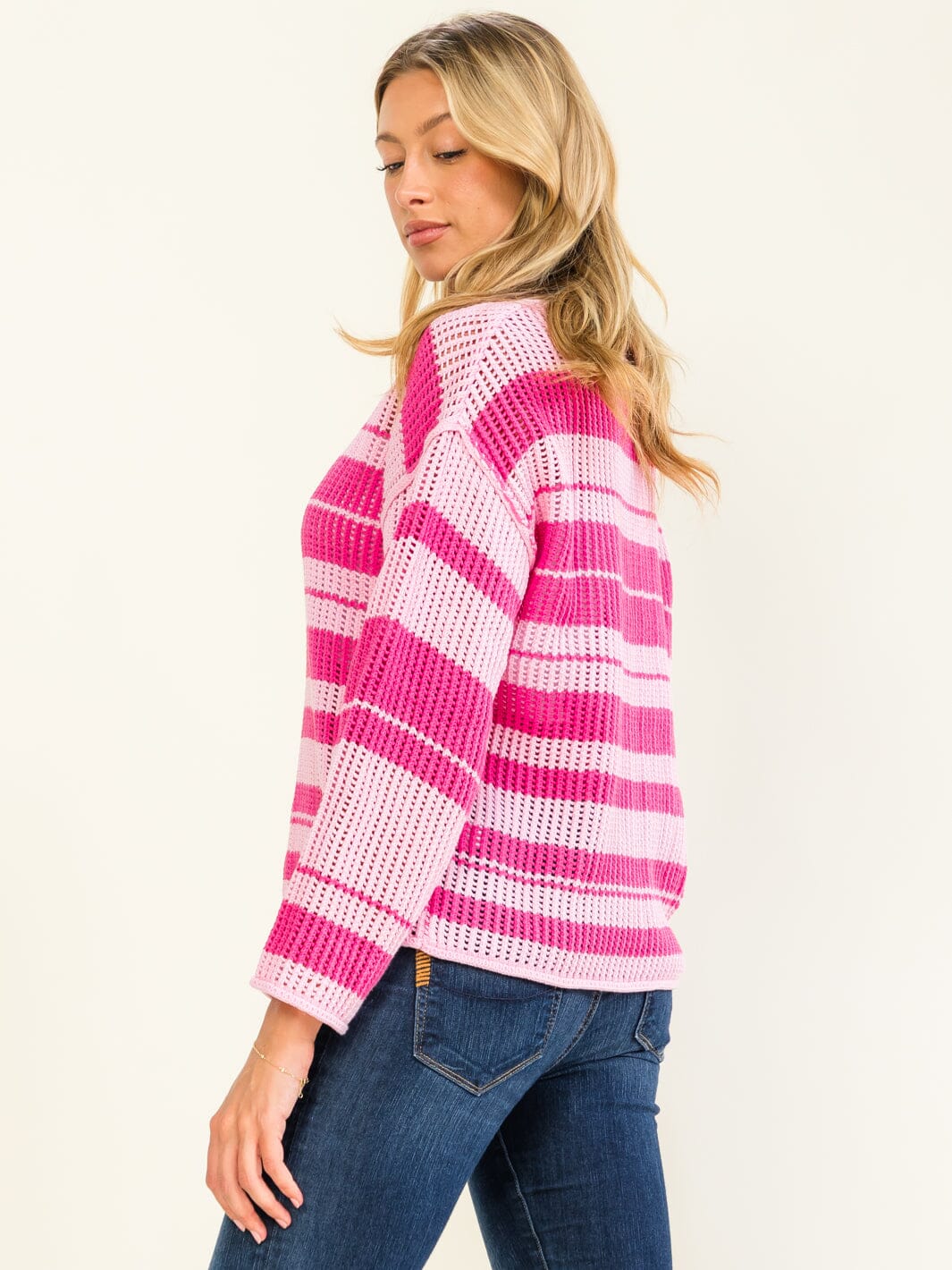 WOMEN'S LONG SLEEVE COLORBLOCK STRIPES PULLOVER KNITTED SWEATER