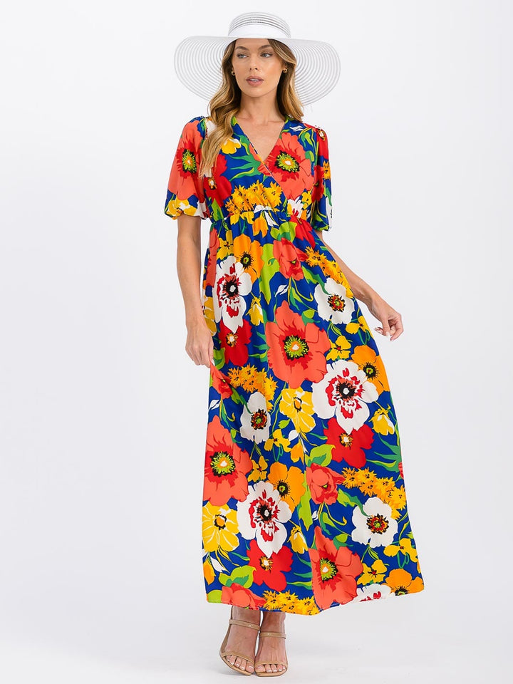WOMEN'S SHORT SLEEVE SURPLICE ELASTIC WAIST FLORAL MAXI DRESS