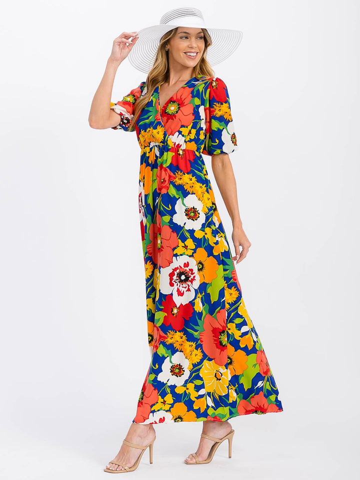 WOMEN'S SHORT SLEEVE SURPLICE ELASTIC WAIST FLORAL MAXI DRESS