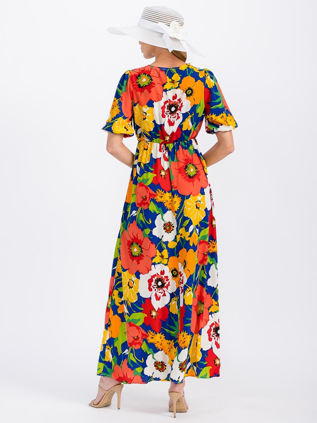WOMEN'S SHORT SLEEVE SURPLICE ELASTIC WAIST FLORAL MAXI DRESS