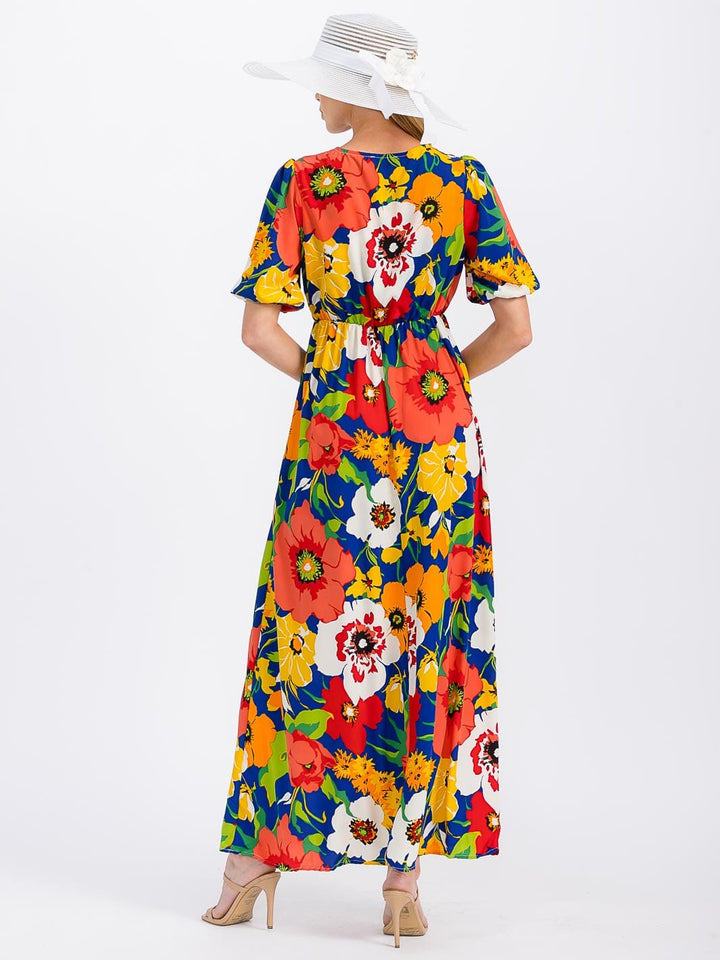 WOMEN'S SHORT SLEEVE SURPLICE ELASTIC WAIST FLORAL MAXI DRESS