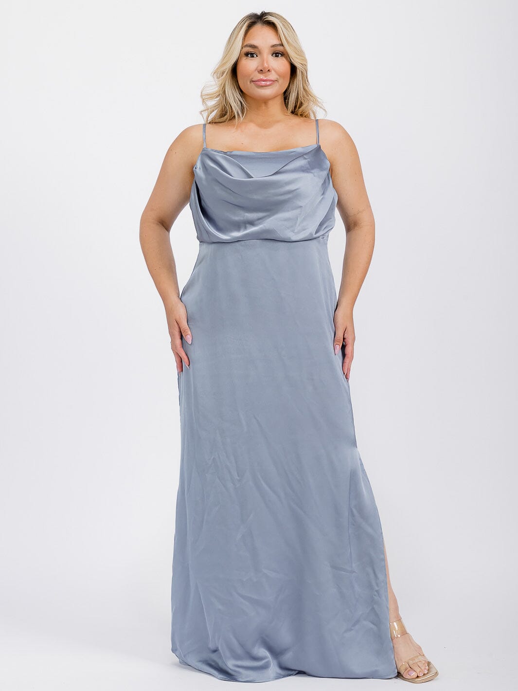 PUS SIZE SLEEVELESS COWL NECK SIDE SLIT MAXI GOWN DRESS