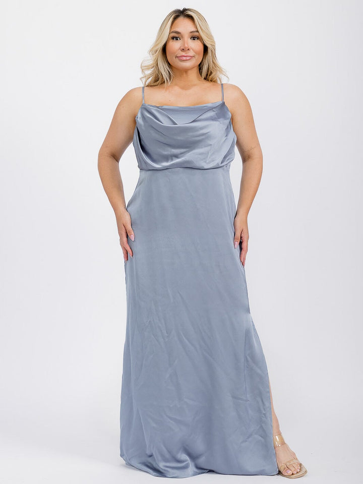 PUS SIZE SLEEVELESS COWL NECK SIDE SLIT MAXI GOWN DRESS