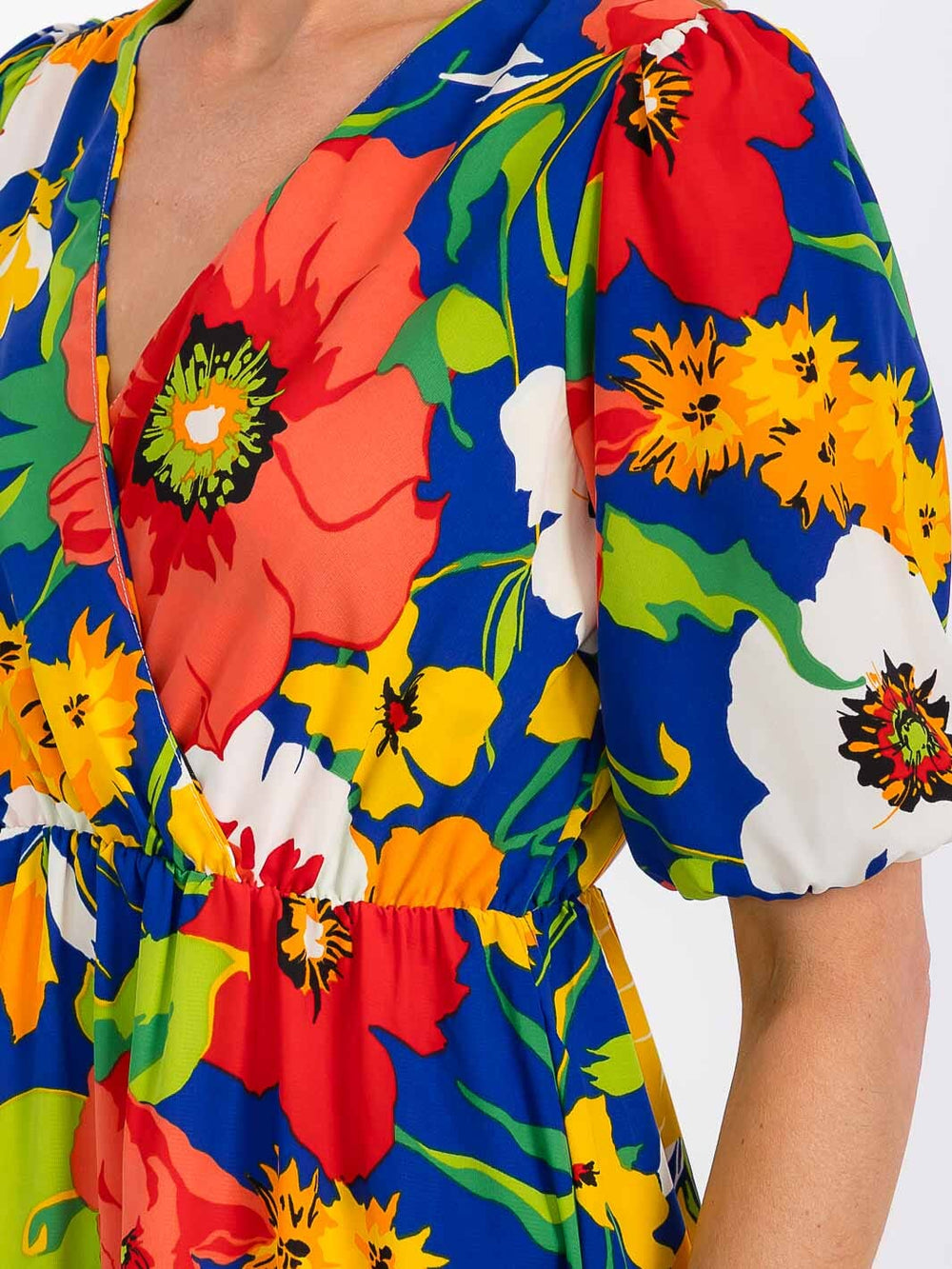 WOMEN'S SHORT SLEEVE SURPLICE ELASTIC WAIST FLORAL MAXI DRESS