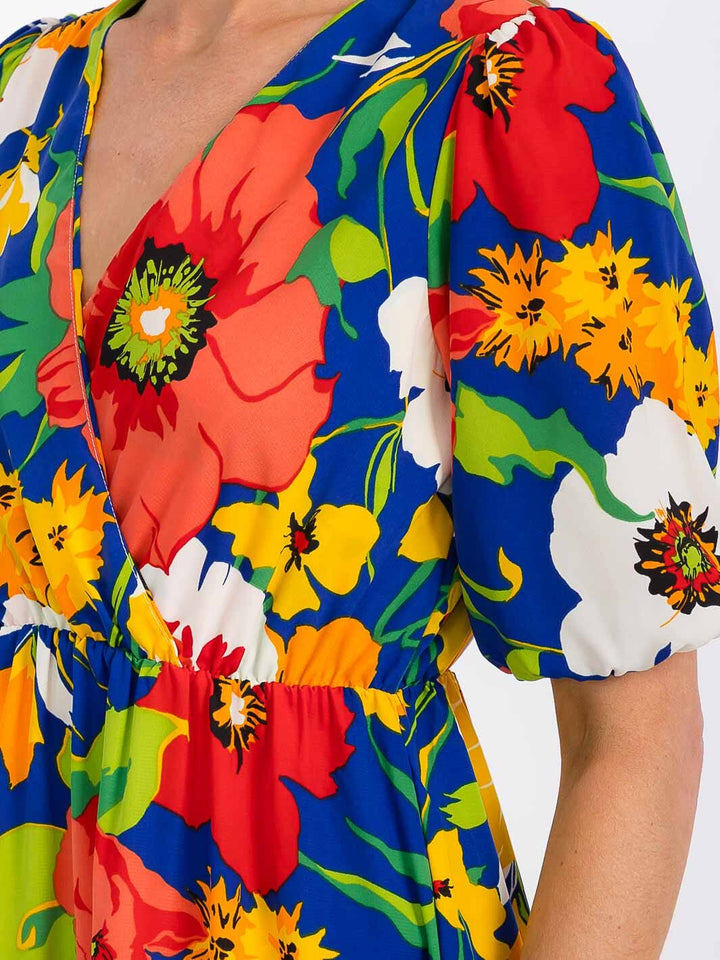 WOMEN'S SHORT SLEEVE SURPLICE ELASTIC WAIST FLORAL MAXI DRESS