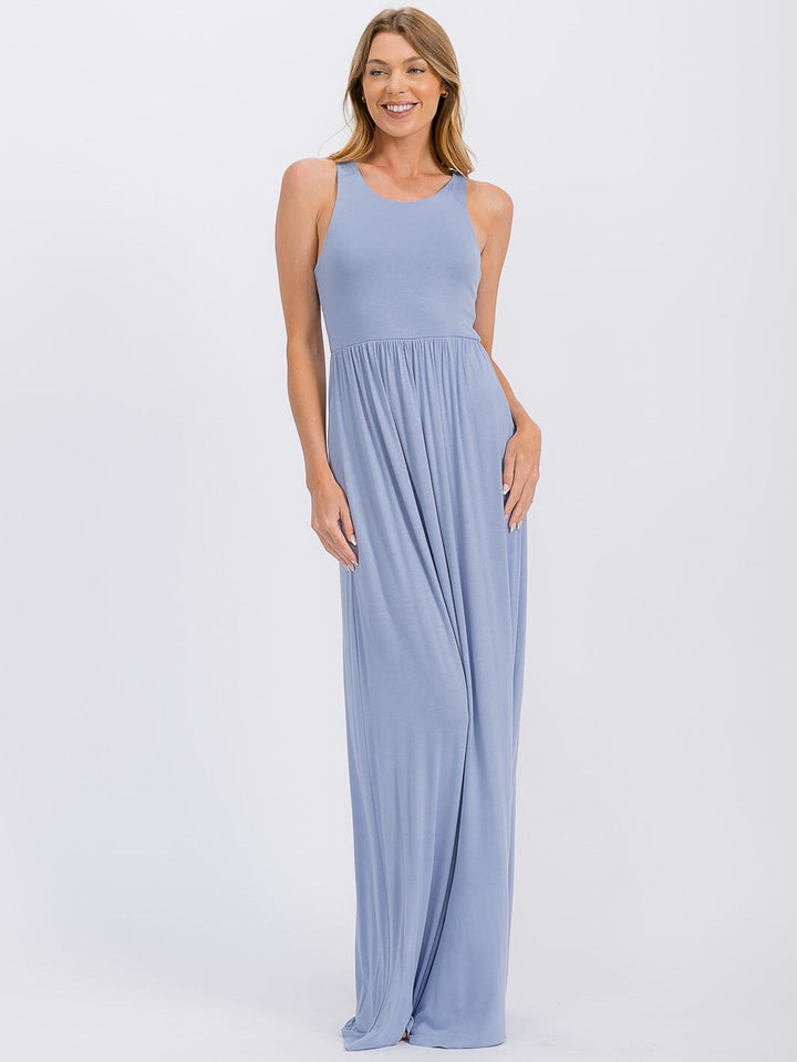 WOMEN'S SLEEVELESS ELASTIC WAIST FRONT POCKETS MAXI DRESS