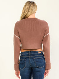 WOMEN'S LONG SLEEVE RIBBED PULLOVER CROP SWEATER