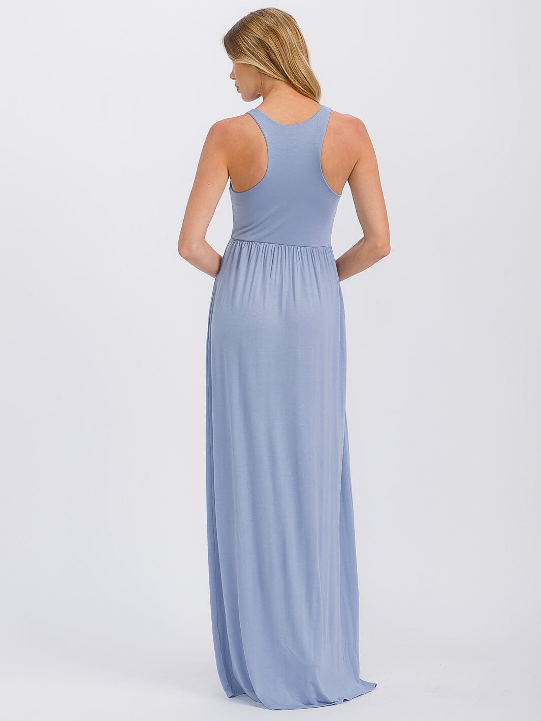 WOMEN'S SLEEVELESS ELASTIC WAIST FRONT POCKETS MAXI DRESS