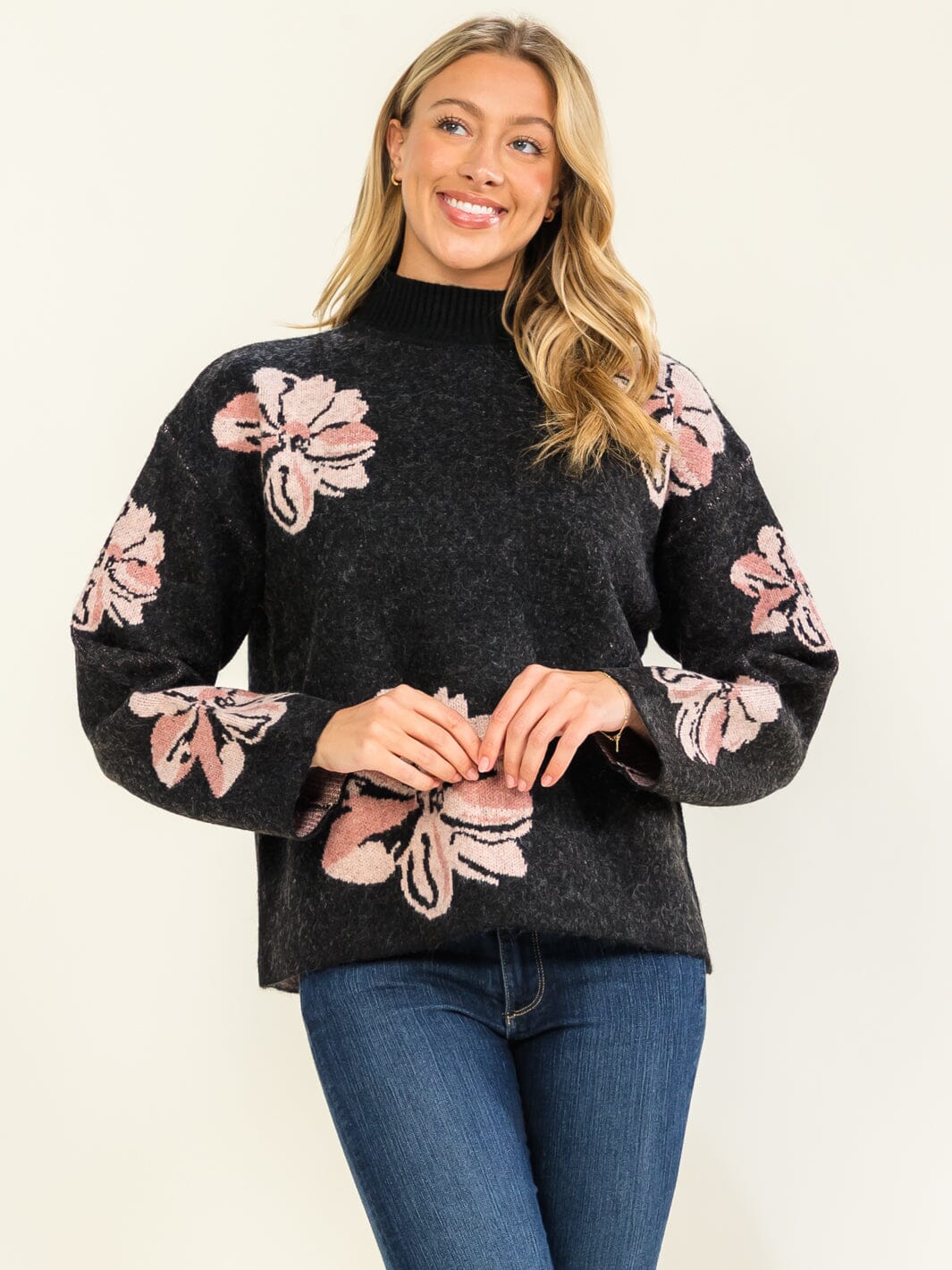WOMEN'S LONG SLEEVE MOCK NECK FLOWER PRINT PULLOVER SWEATER