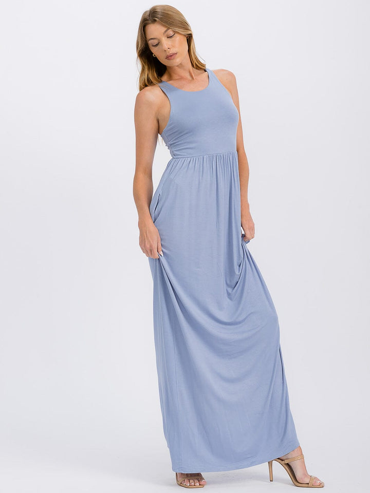 WOMEN'S SLEEVELESS ELASTIC WAIST FRONT POCKETS MAXI DRESS