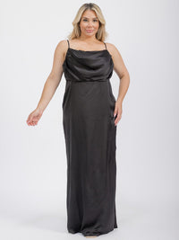 PUS SIZE SLEEVELESS COWL NECK SIDE SLIT MAXI GOWN DRESS