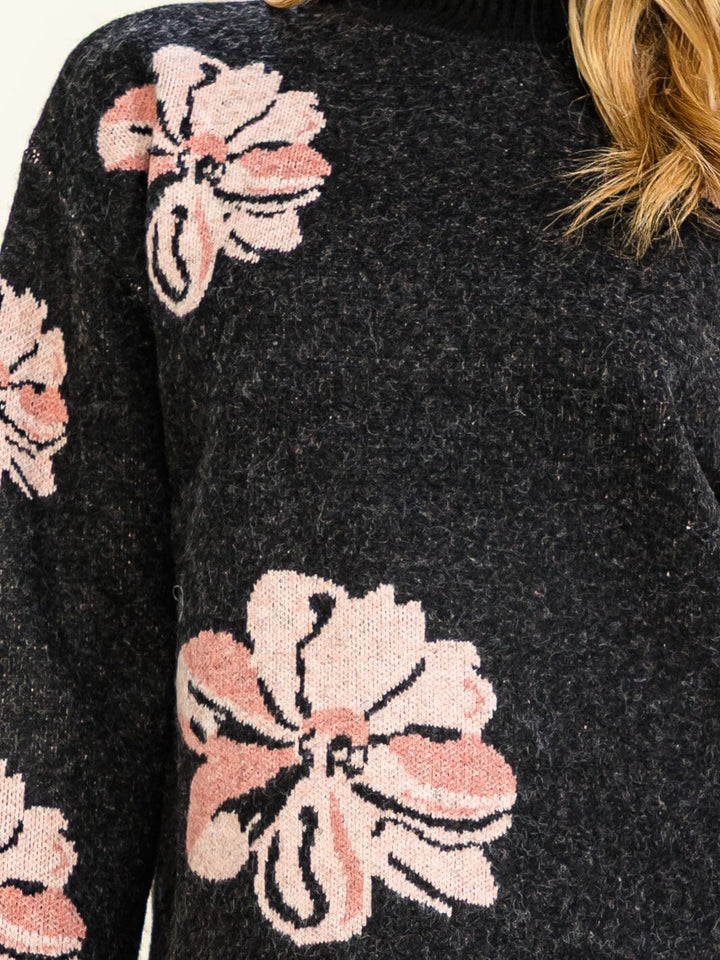 WOMEN'S LONG SLEEVE MOCK NECK FLOWER PRINT PULLOVER SWEATER