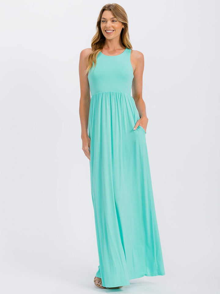 WOMEN'S SLEEVELESS ELASTIC WAIST FRONT POCKETS MAXI DRESS