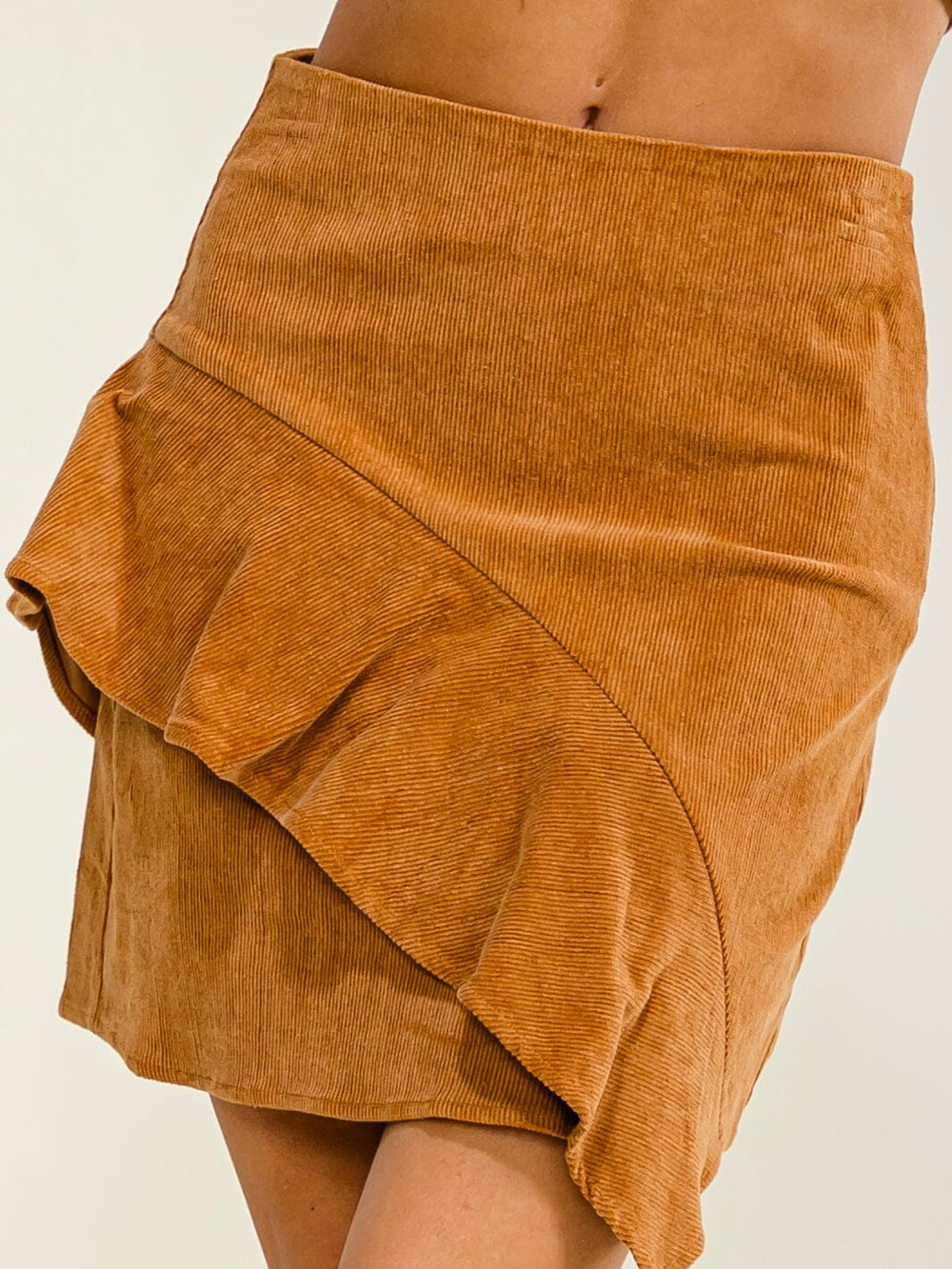 WOMEN'S ZIP UP RUFFLE CORDUROY MINI SKIRT