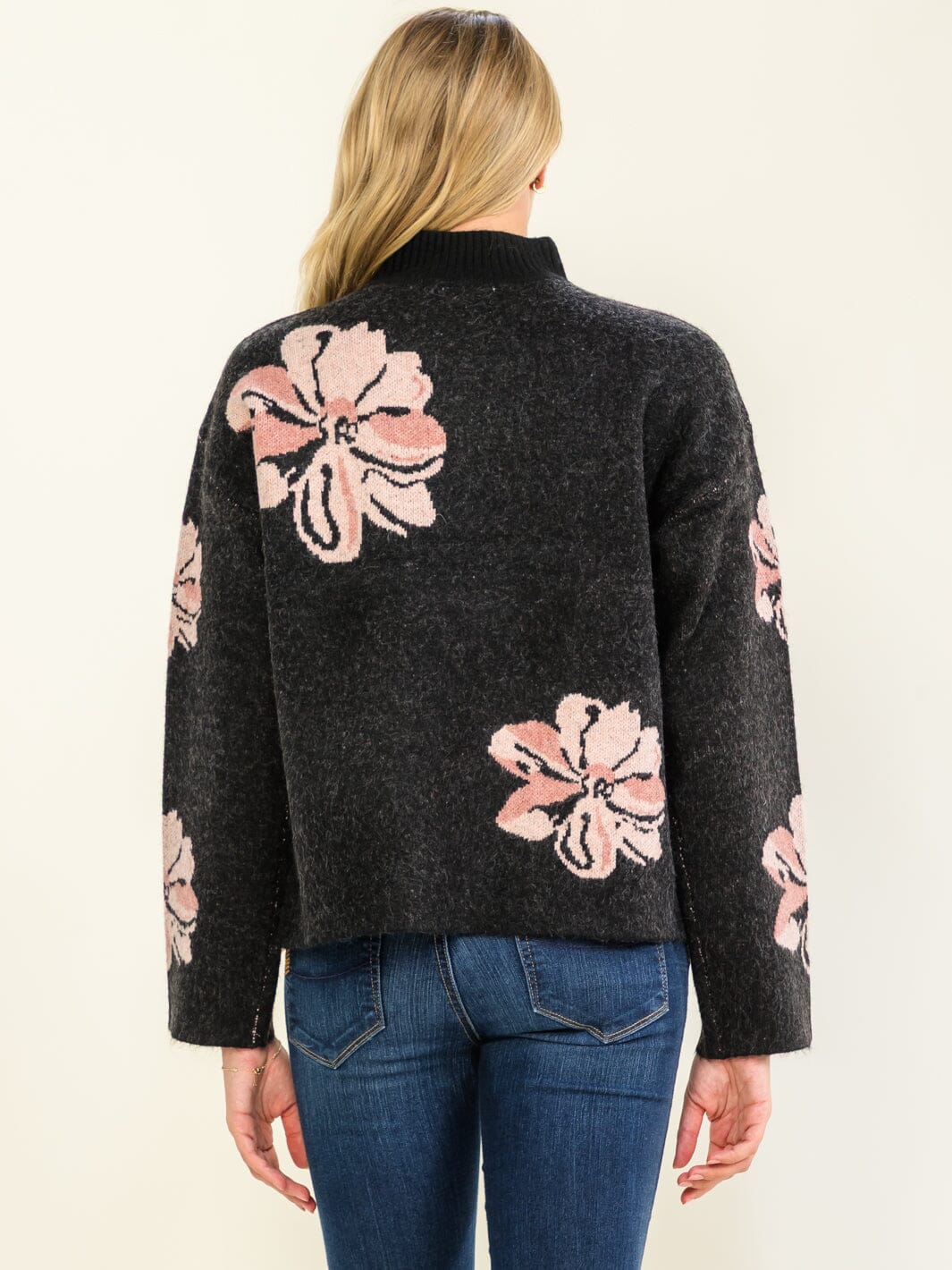 WOMEN'S LONG SLEEVE MOCK NECK FLOWER PRINT PULLOVER SWEATER
