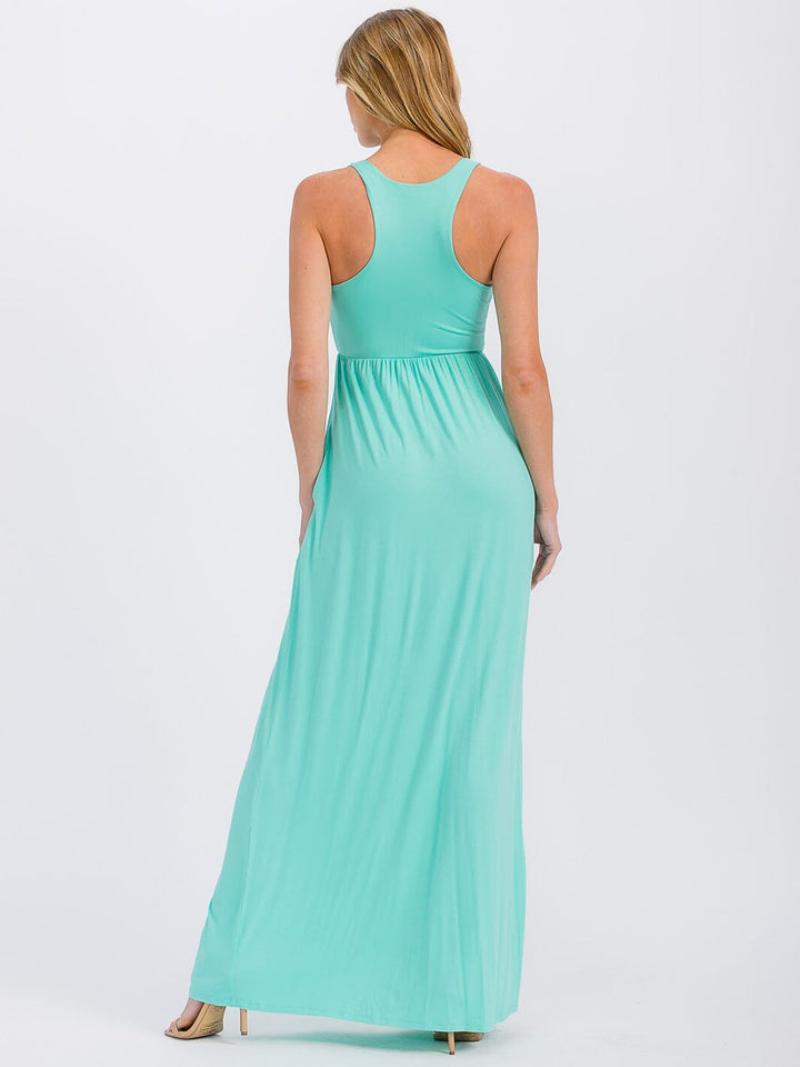 WOMEN'S SLEEVELESS ELASTIC WAIST FRONT POCKETS MAXI DRESS