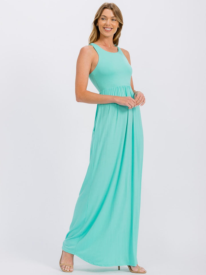 WOMEN'S SLEEVELESS ELASTIC WAIST FRONT POCKETS MAXI DRESS