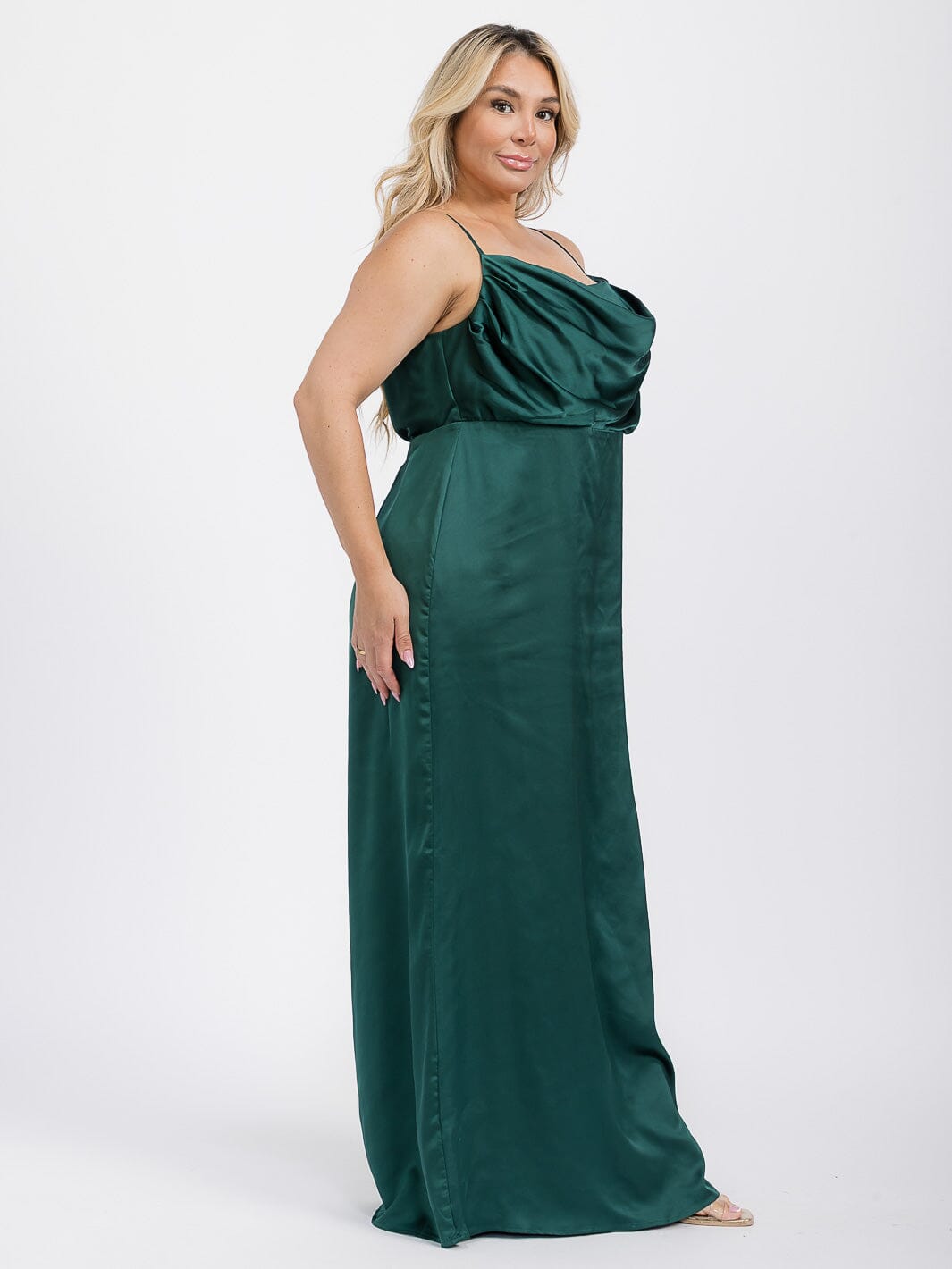 PUS SIZE SLEEVELESS COWL NECK SIDE SLIT MAXI GOWN DRESS