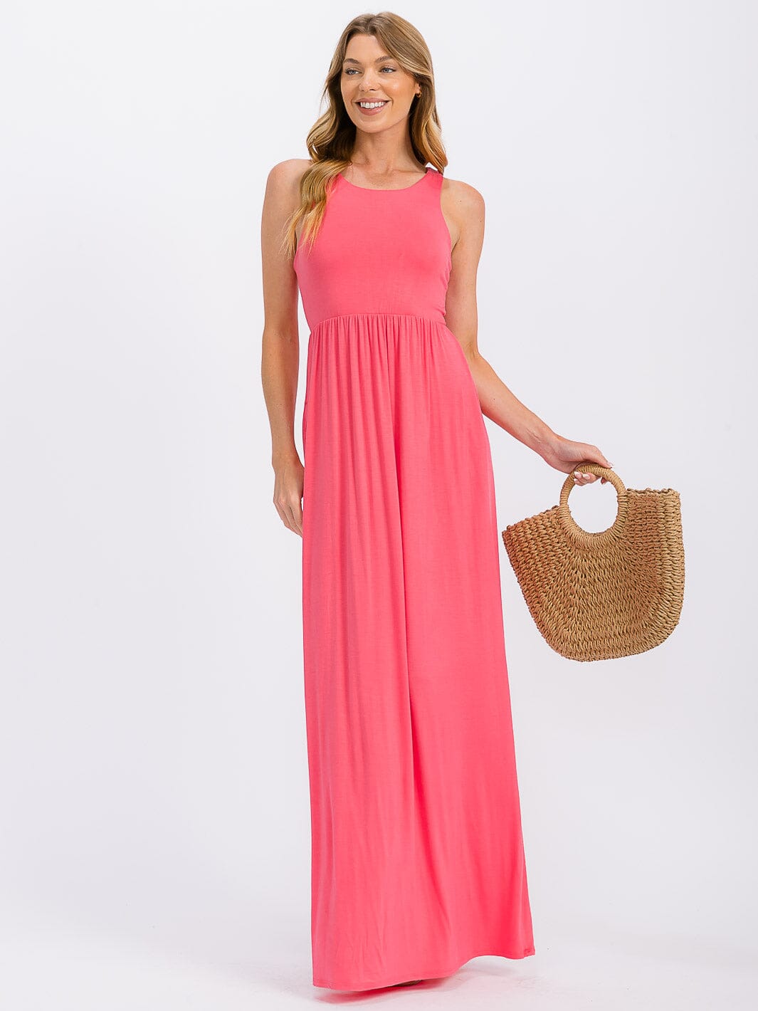 WOMEN'S SLEEVELESS ELASTIC WAIST FRONT POCKETS MAXI DRESS