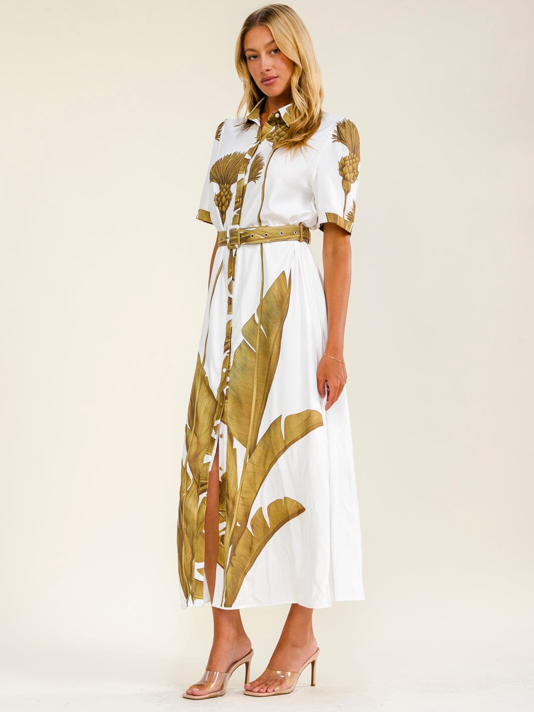 WOMEN'S SHORT SLEEVES BUTTON UP BELTED MULTI PRINT MAXI DRESS