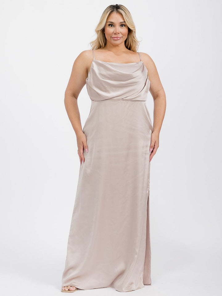 PUS SIZE SLEEVELESS COWL NECK SIDE SLIT MAXI GOWN DRESS