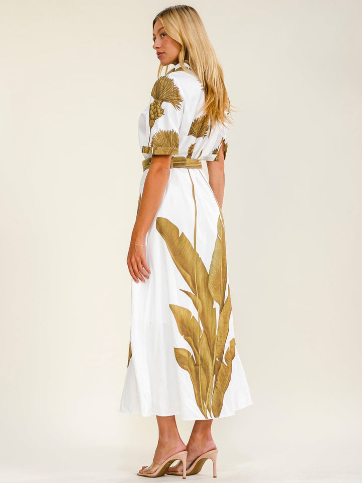 WOMEN'S SHORT SLEEVES BUTTON UP BELTED MULTI PRINT MAXI DRESS
