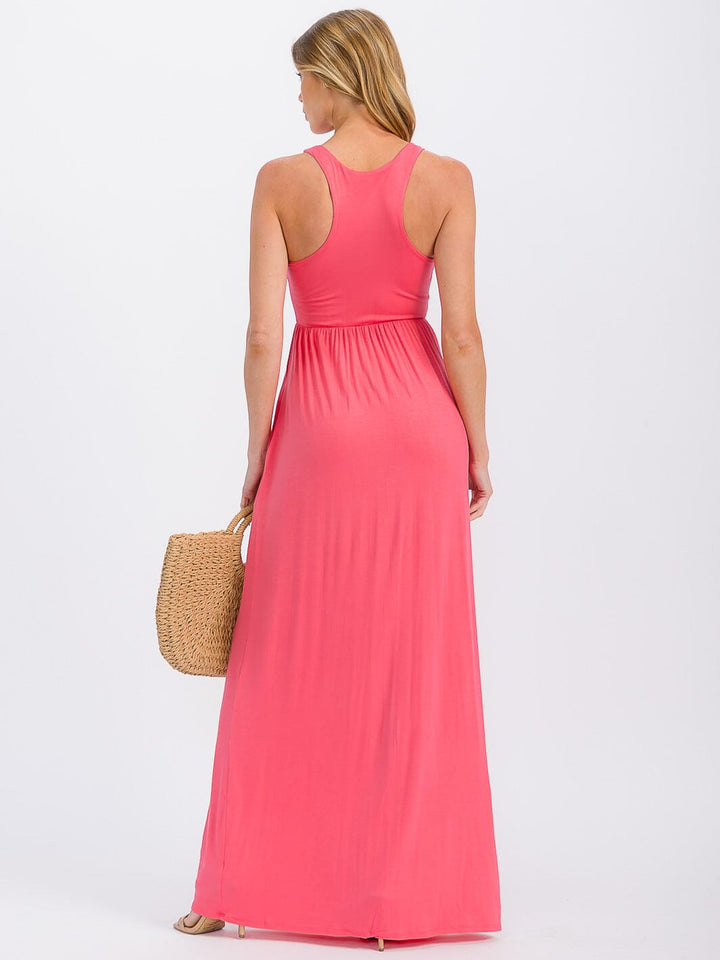 WOMEN'S SLEEVELESS ELASTIC WAIST FRONT POCKETS MAXI DRESS