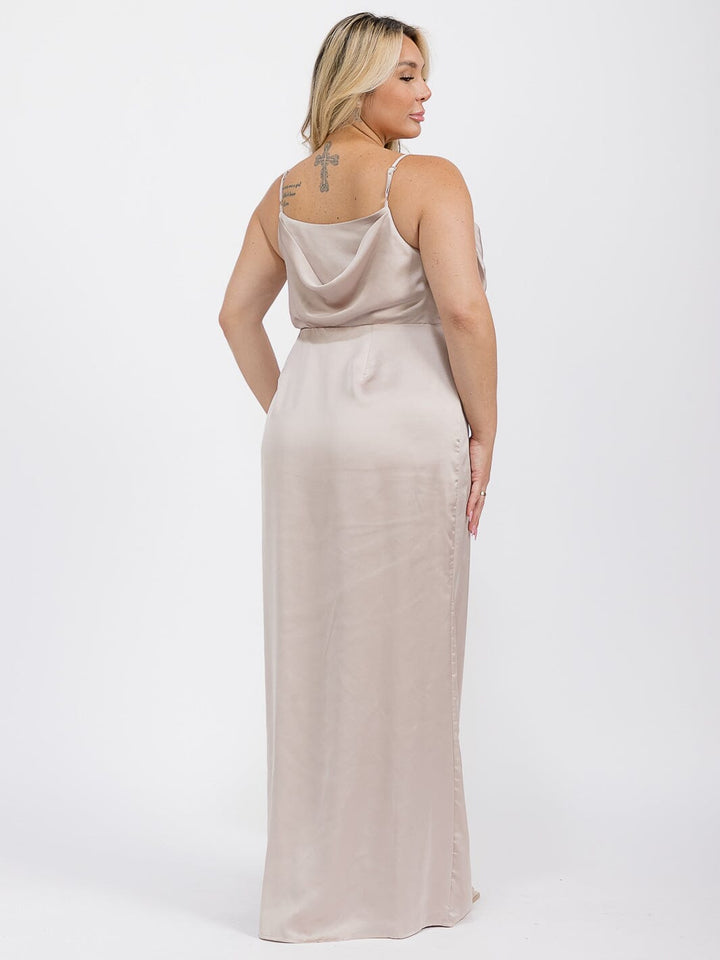 PUS SIZE SLEEVELESS COWL NECK SIDE SLIT MAXI GOWN DRESS