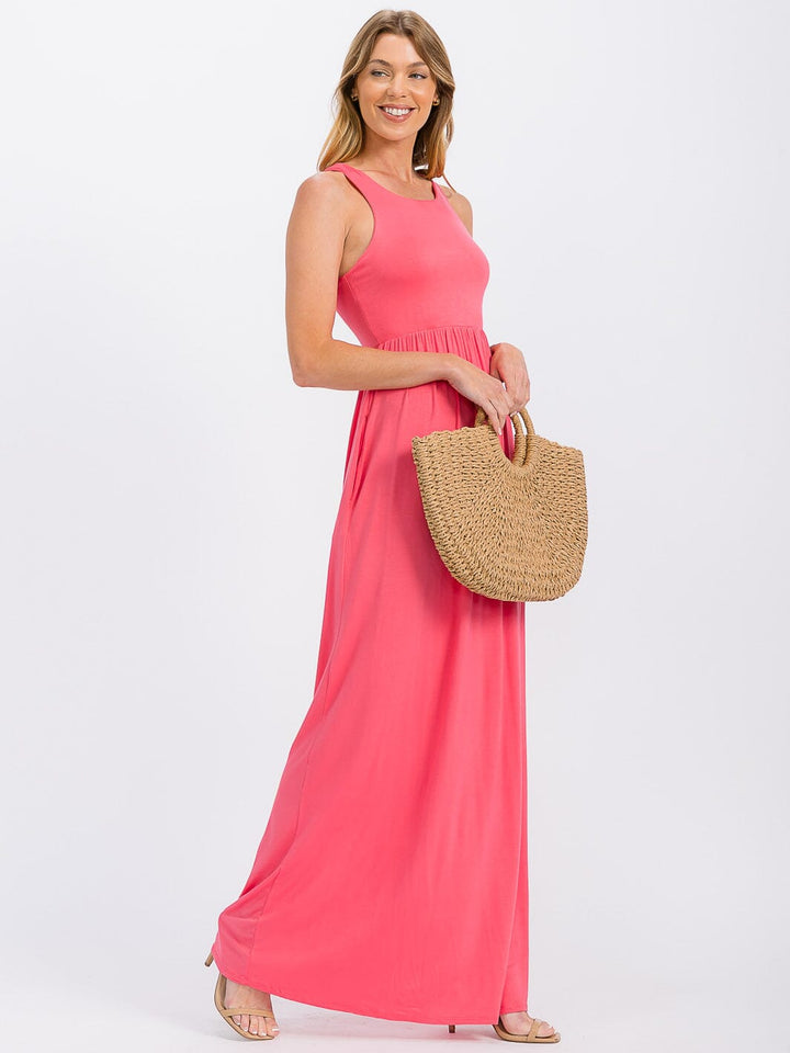 WOMEN'S SLEEVELESS ELASTIC WAIST FRONT POCKETS MAXI DRESS