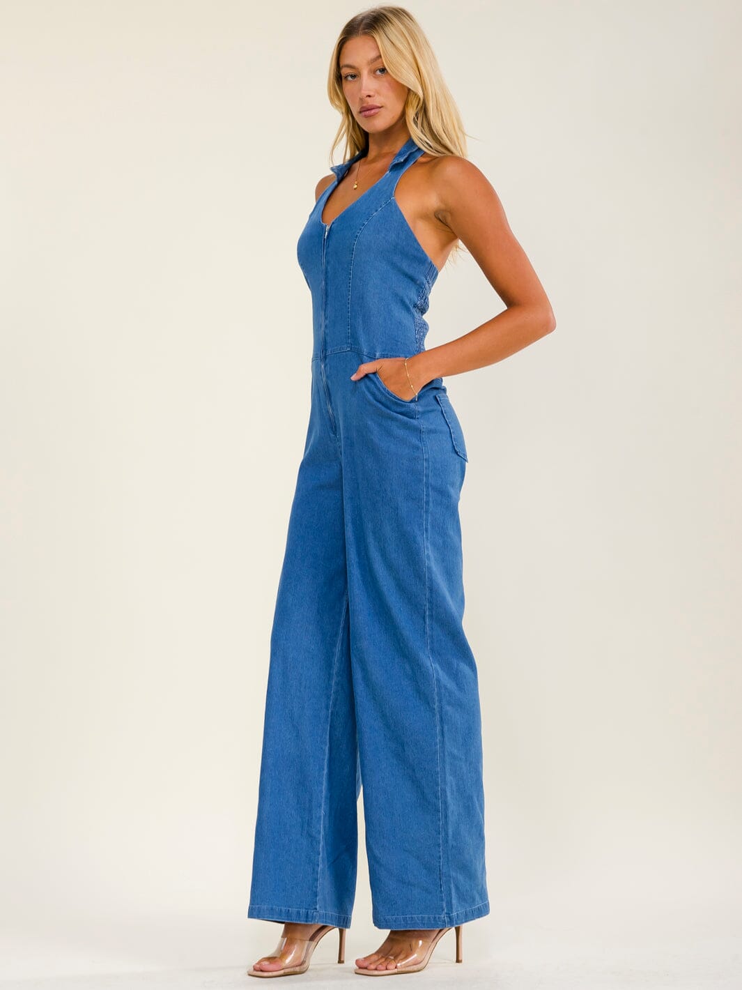 WOMEN'S SLEEVELESS HALTER NECK ZIP UP POCKETS SMOCK WIDE LEG STRETCH DENIM JUMPSUIT
