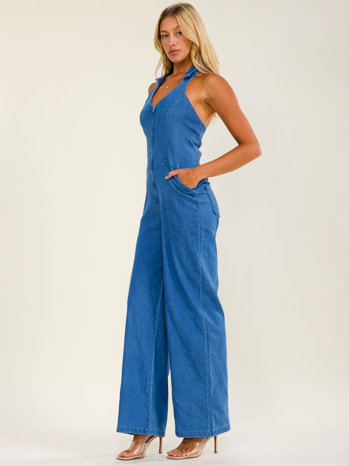 WOMEN'S SLEEVELESS HALTER NECK ZIP UP POCKETS SMOCK WIDE LEG STRETCH DENIM JUMPSUIT