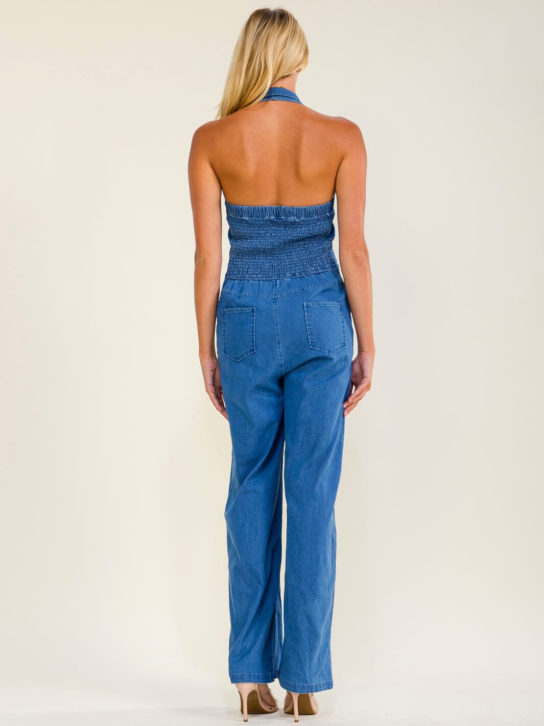 WOMEN'S SLEEVELESS HALTER NECK ZIP UP POCKETS SMOCK WIDE LEG STRETCH DENIM JUMPSUIT