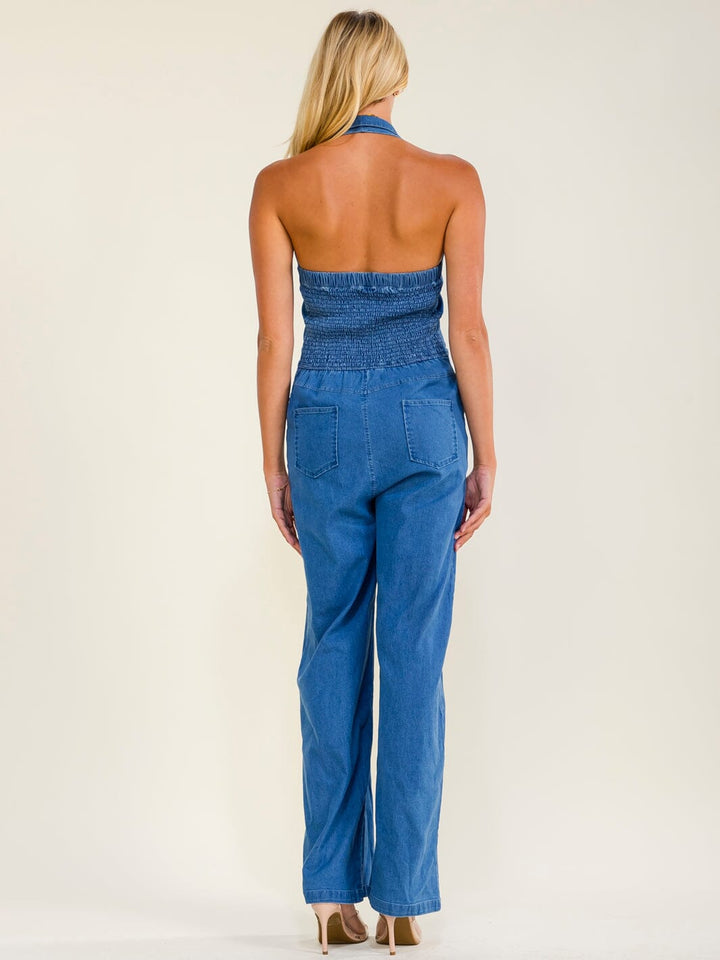 WOMEN'S SLEEVELESS HALTER NECK ZIP UP POCKETS SMOCK WIDE LEG STRETCH DENIM JUMPSUIT