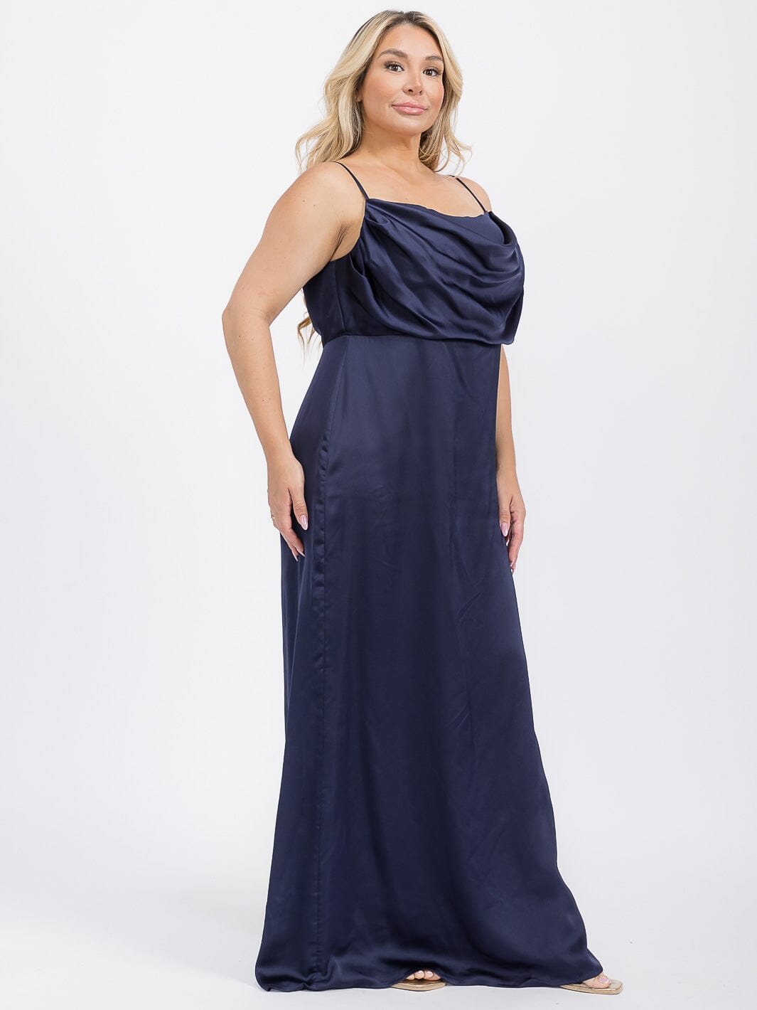 PUS SIZE SLEEVELESS COWL NECK SIDE SLIT MAXI GOWN DRESS