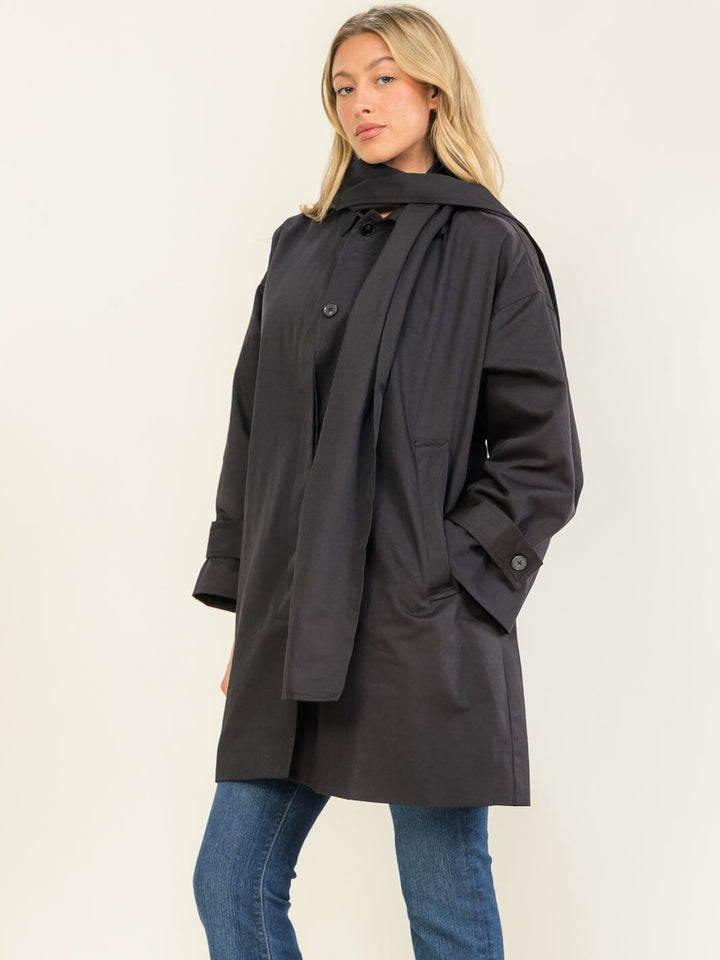 WOMEN'S LONG SLEEVE BUTTON CLOSURE FRONT POCKETS WITH SCARF COAT
