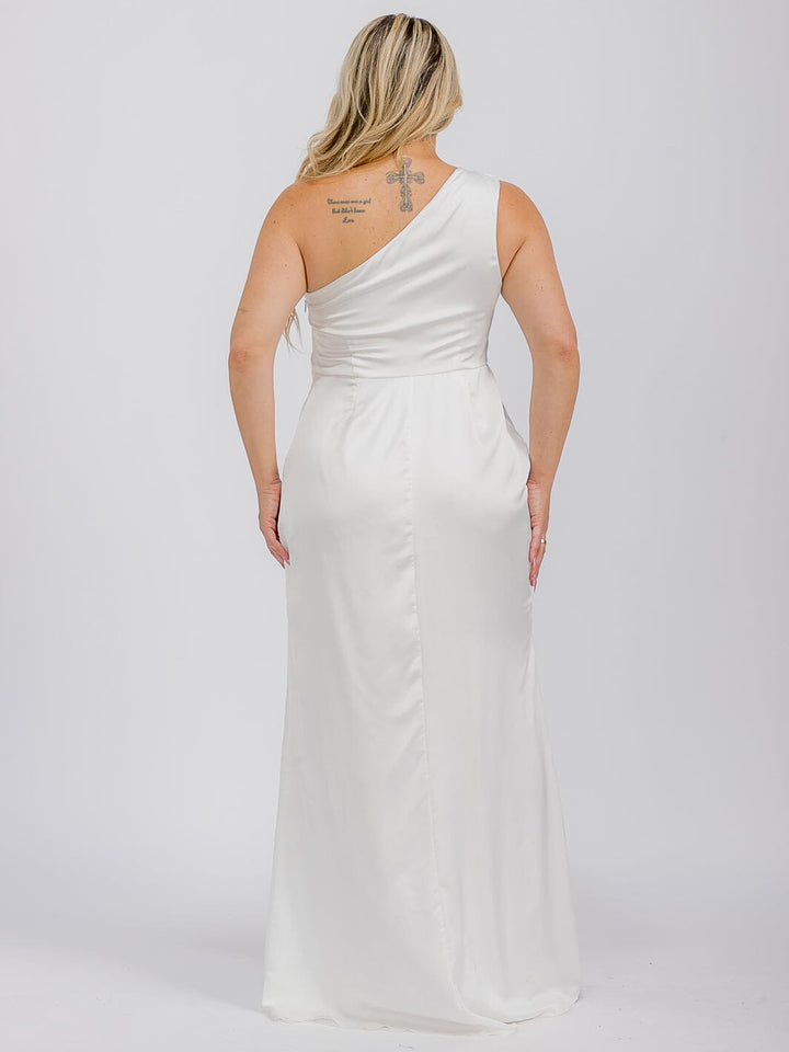 PUS SIZE SLEEVELESS ONE SHOULDER SURPLICE FRONT SLIT MAXI GOWN DRESS